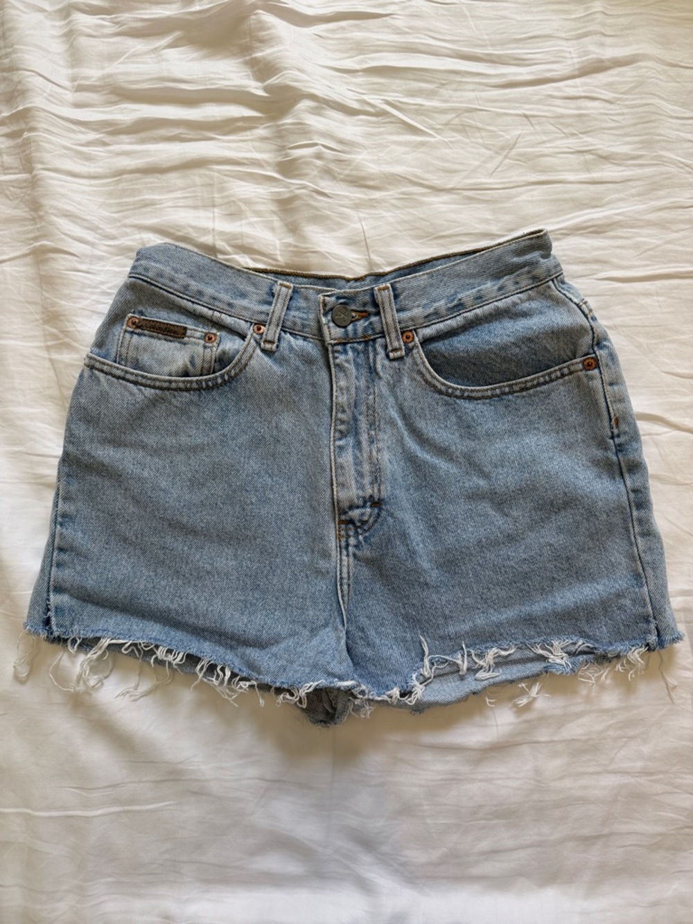 Calvin Klein Vintage Light Blue Denim Shorts with Frayed Hem